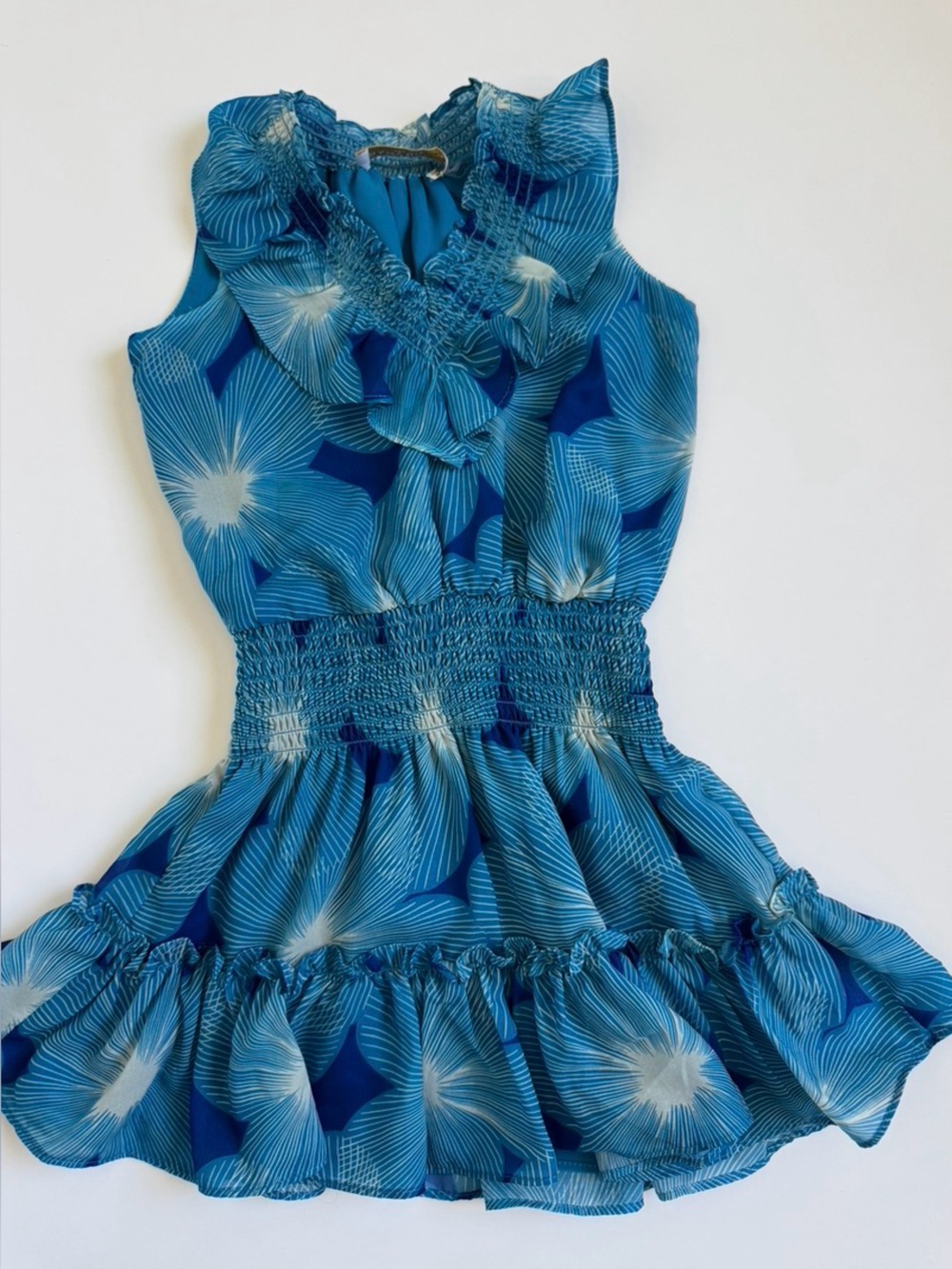 Ramy Brook - Blue Floral Ruffled Smocked Dress